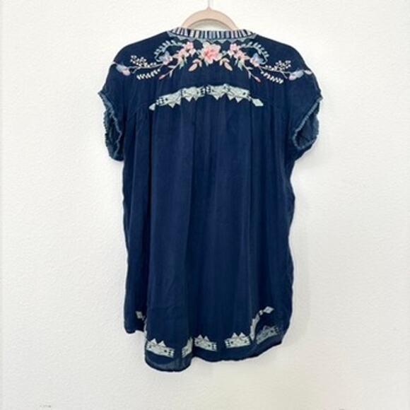 Johnny Was Sheer Embroidered Blouse Navy Floral Size S Bohemian Chic - Picture 6 of 6